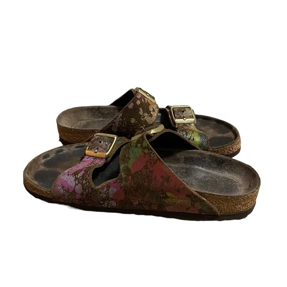 BIRKENSTOCK ARIZONA Flower Crush Mocca Leather Sandals Slide US5 EU36 UK3 Womens